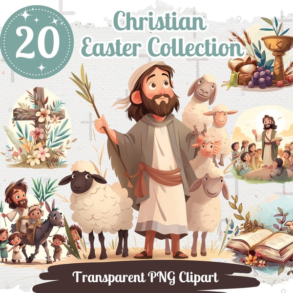 Christian Easter Cliparts 20 PNG Bundle Cute Religious Collection for Kids Jesus Christ Cliparts Bible Story Illustrations He is Risen