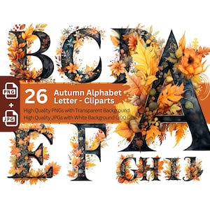 Alfabeto de otoño 26x PNG Clip Art Bundle Letras elegantes Color de otoño para tarjetas de invitación Fuente de monograma de otoño Iniciales del alfabeto inglés completo