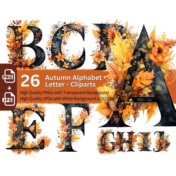 Autumn Alphabet 26x PNG Clip Art Bundle Fancy Letters Autumn Color for Invitation Cards Fall Monogram Font Full English Alphabet Initials