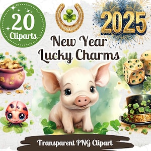 Lucky Charm Cliparts 20 PNG Bundle Festivo Ano Novo Celebração Presentes Bonitos Desejos De Ano Novo Aquarela Gráfico Desejos De Sorte Para 2025