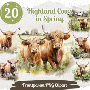 Lente Highland Cow cliparts 20 PNG bundel pastel aquarel lente bloem weide kaart Crafting junk Journal Kit Happy Easter Spring Farm