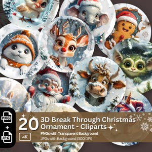 Kerst 3D-doorbraak ornament Cliparts 20 png-bundel sublimatieontwerp grappig 3D-effect kerstversiering feestelijke ronde stickers
