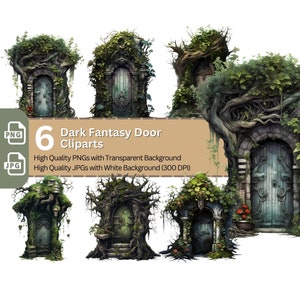 Dark Fantasy Deur 6x PNG Clip Art Bundel Dark Goblincore Design Card Making Paper Crafting Children Book Clipart Fairytale Novel Art