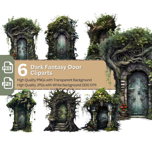 Dark Fantasy Door 6x PNG Clip Art Bundle Dark Goblincore Design Card Making Paper Crafting Children Book Clipart Fairytale Novel Art