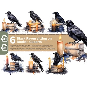 Schwarzer Rabe auf Bücher 6x PNG Clip Art Bundle Aquarell Scrapbook Design Card Making Paper Crafting T-Shirt Clipart Mystical Witchy Art