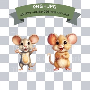 May include: Two cartoon mice with big eyes and smiles. The mouse on the left is gray and has its arms raised. The mouse on the right is brown and has its paws clasped in front of it.