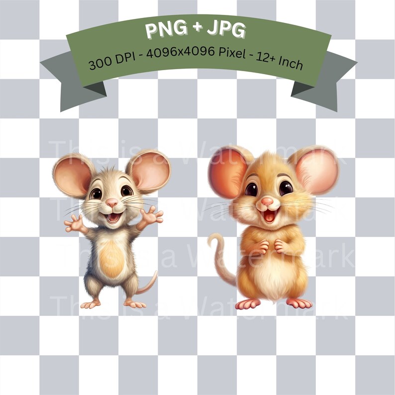 May include: Two cartoon mice with big eyes and smiles. The mouse on the left is gray and has its arms raised. The mouse on the right is brown and has its paws clasped in front of it.
