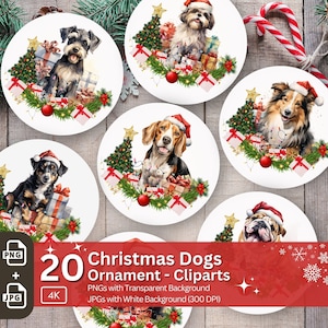 Weihnachten Hund Ornament 20 PNG Bundle Sublimation Design Festliche Runde Haustier Aufkleber Stilvolle Weihnachtsdekoration Clipart 20 Hunderassen
