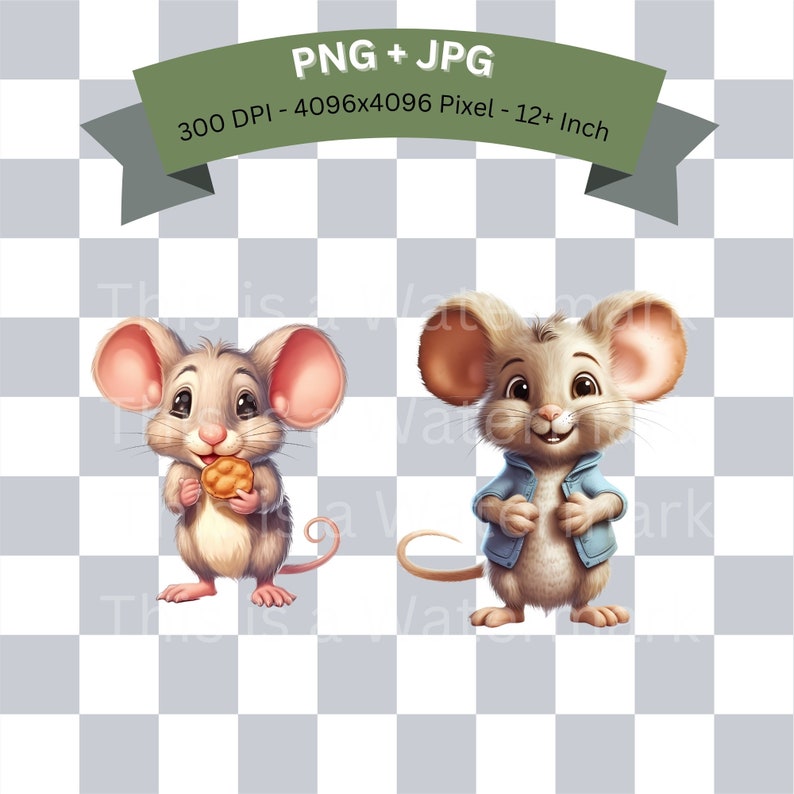 May include: Two cartoon mice, one wearing a blue denim jacket and the other holding a cookie. Both mice have brown fur and big ears.