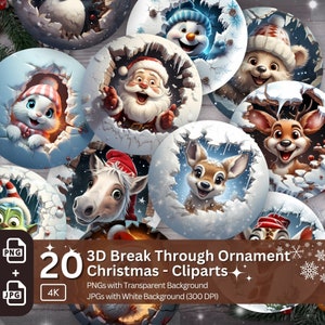Navidad 3D Break Through Adorno Cliparts 20 PNG Paquete Diseño de sublimación Pegatinas redondas festivas Efecto 3D divertido Decoración navideña