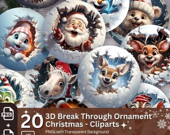 Christmas 3D Break Through Ornament Cliparts 20 PNG Bundle Sublimation Design Festive Round Stickers Funny 3D Effect Christmas Decoration