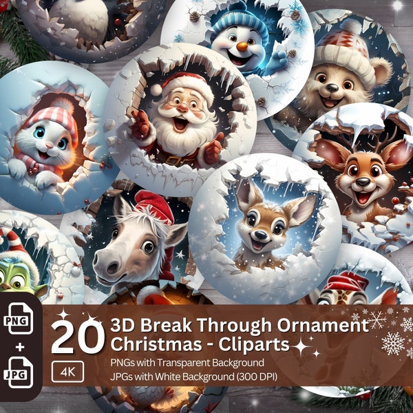 Christmas 3D Break Through Ornament Cliparts 20 PNG Bundle Sublimation Design Festive Round Stickers Funny 3D Effect Christmas Decoration