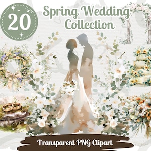 Clipes de casamento de primavera 20 PNG pacote branco flores de primavera moldura de eucalipto anéis de casamento convite de casamento gráfico em cor pastel