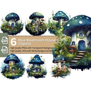 Blue Mushroom House 6x PNG Clip Art Bundel Dark Fairy Core Design Card Making Paper Crafting Children Book Clipart Witch Novel Graphics