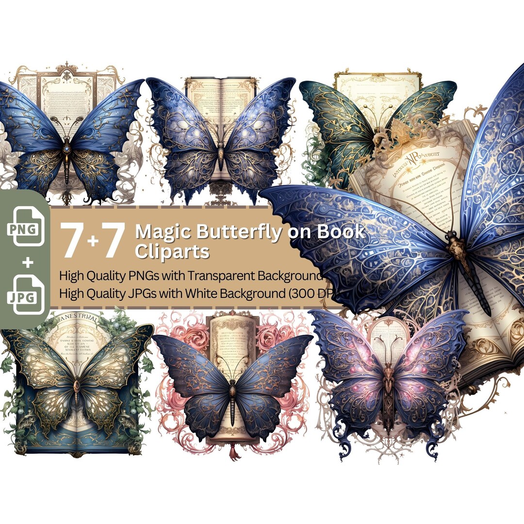Magic Butterfly on Book 77 PNG Clip Art Bundle Fantasy Scroll