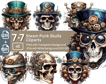 Steampunk Skulls Clipart: Gothic PNG JPG Bundle