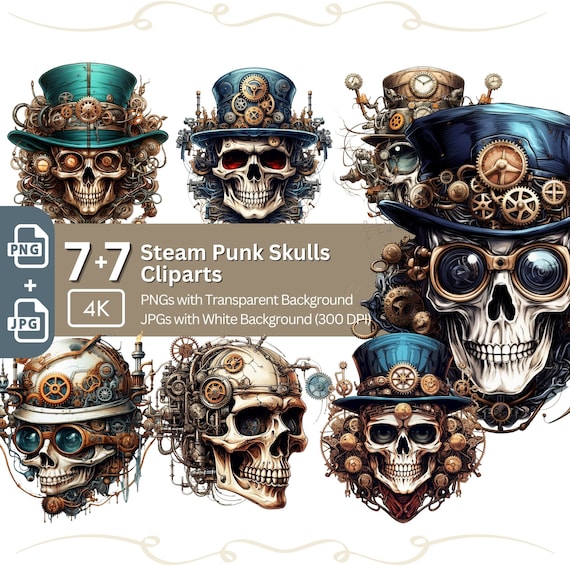 Steampunk Skulls Clipart: Gothic PNG JPG Bundle