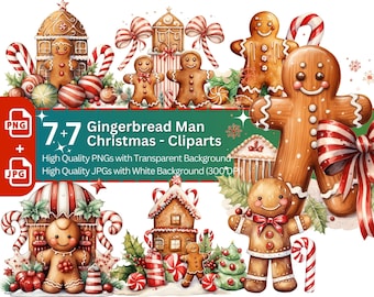 Watercolor Gingerbread Man Clipart: Christmas PNG JPG Bundle (Digital Download)