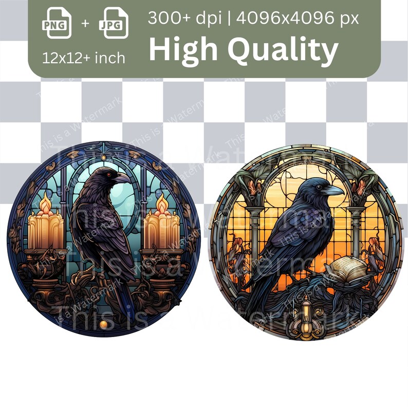 May include: Two round stained glass designs featuring a black raven perched on a ledge. The left design has a blue background with two lit candles. The right design has an orange background with a book and a lit candle.