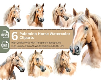 Palomino Horse Watercolor Clipart: 6 PNG & JPG Graphics (Digital Download)