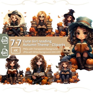 May include: Seven digital illustrations of a girl reading a book while sitting on a pile of books and pumpkins. The girl is wearing a witch hat and has long brown hair. The illustrations are in a cartoon style and have a fall theme.