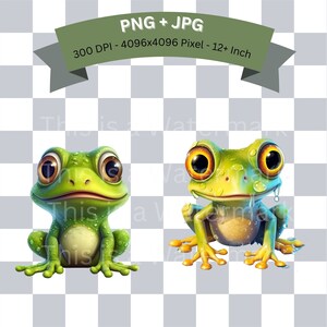 May include: Two cartoon frogs with big eyes and wide smiles. The frog on the left is green with a yellow belly and the frog on the right is green with a yellow belly and a blue stripe down its back. Both frogs have water droplets on their skin.