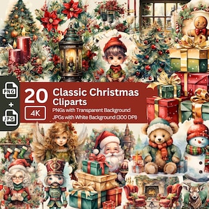 Klasyczny świąteczny clipart 20x PNG Pakiet Świąteczny adwentowy clipart Sztuka przedszkolna Tworzenie kartek Cyfrowe rzemiosło papierowe Świąteczny pakiet retro graficzny