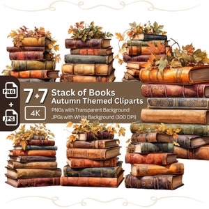 Pilhas de livros de outono vibrantes Clipart 7 + 7 PNG JPG Pacote Clipart caprichoso para projetos de outono aconchegantes Amante de livros em aquarela Design de cartão gráfico