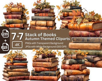 Autumn Book Stacks Clipart: Watercolor Fall Graphics (PNG JPG Bundle)