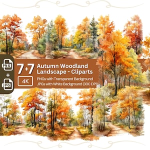 Fall Watercolor Woodland Landscape Clipart 7+7 PNG JPG Bundle Invitation Card Graphic Paper Crafting Thanksgiving Holiday Graphic