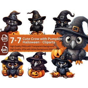 Witchy Halloween Crow Clipart 7+7 PNG Bundle Invitation Card Design Paper Crafting Book Clipart Halloween Children Novel Graphics