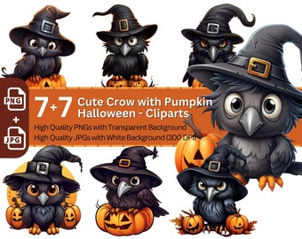Clipart de Halloween de Cuervo Brujo: Paquete PNG y JPG (Descarga digital)
