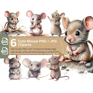 Cute Mouse Clipart 6 High Quality PNGs Nursery Art Card Making Clip Art Bundle Digital Paper Craft Watercolour Painting Sublimation Clipart