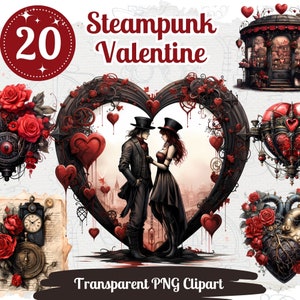 Steampunk Love Clipart 20 PNG Bundle Romantico San Valentino Set Gotico Clipart Card Crafting Junk Journal Kit Coppia romantica grafica