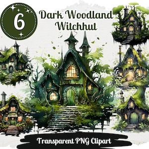 Donker bos Witch Hut Clipart 6x PNG bundel Dark Goblin Core Design Card Making Paper Crafting Children Book Clipart Witch Cottage Graphic