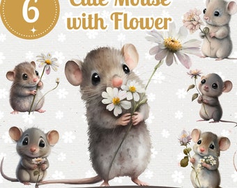 Mouse with Flower Clipart, Cute Nursery Art (PNG Bundle)
