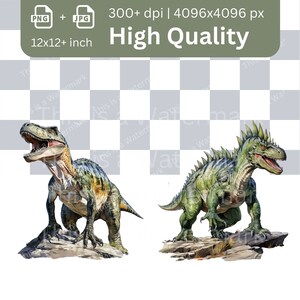 May include: Two digital illustrations of dinosaurs on a rocky surface. The dinosaur on the left is green, yellow, and brown with a long tail. The dinosaur on the right is green with a long tail and spikes on its back.