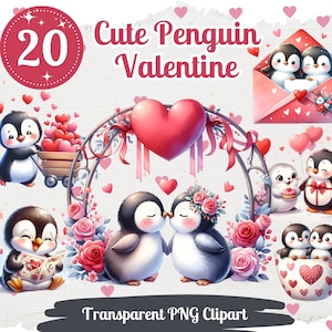 Love Penguin Cliparts 20 PNG Paquete Lindo Día de San Valentín Set Card Crafting Junk Journal Kit Romántico Dulce Pingüinos Animal Pareja enamorada