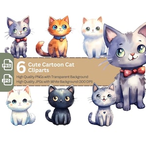Lindo gato de dibujos animados 6x PNG Clip Art Bundle Diseño de sublimación Tarjeta de arte infantil Elaboración de camiseta Amante de los gatos Clipart Taza Diseño Kawaii Gatito