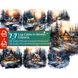 Hiver Log Cabin 7 + 7 PNG Clip Art Bundle Snowy Wood Loge Digital Crafts Paper Design Holiday Card Graphic Clipart Christmas Cottage