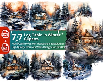 Winter Log Cabin Watercolor Clipart: Christmas Cottage PNG Bundle (Digital Download)