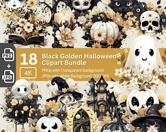 Black and Gold Halloween Clipart Bundle: Spooky Graphics (PNG, JPG)
