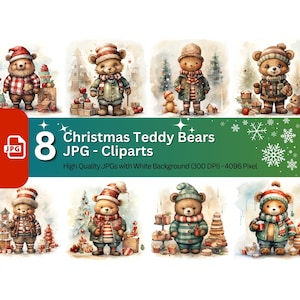 Navidad Oso de peluche Clipart 8 JPG Paquete Planificador digital Artesanías de papel Acuarela Oso de peluche Lindo oso de peluche Navidad Sublimación Clipart