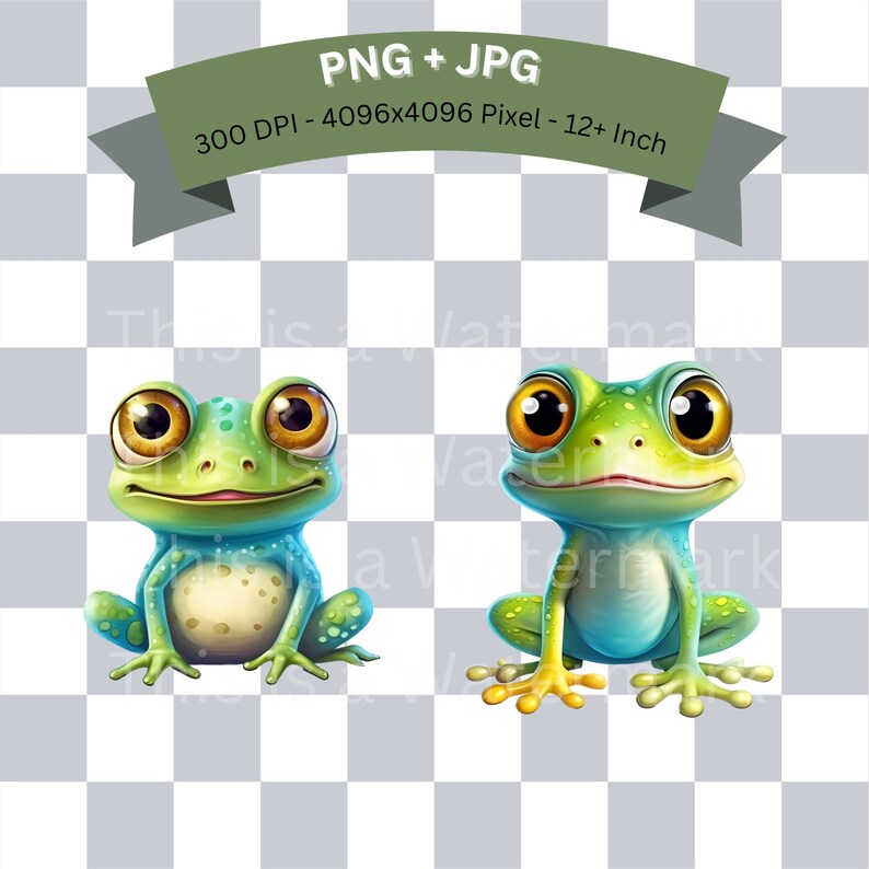 May include: Two cartoon frogs with big eyes and bright green skin. The frogs are sitting on a white and gray checkered background.