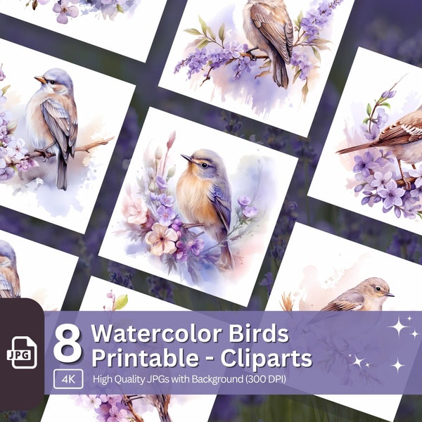 Watercolor Birds Clipart 8 JPG Bundle Floral Bird Illustration Card Making Digital Paper Craft Design Junk Journal Kit Wildlife Nursery Art