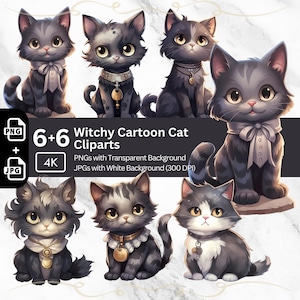 Witchy Cat Clipart 6x PNG Paquete Sublimación Diseño Dibujos Animados Gato Arte Tarjeta Elaboración Camiseta Cat Lover Clipart Taza Kawaii Gatito Bruja Gato
