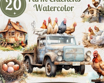 Watercolor Farm Chicken Clipart: 20 PNG Graphics Bundle (Digital Download)