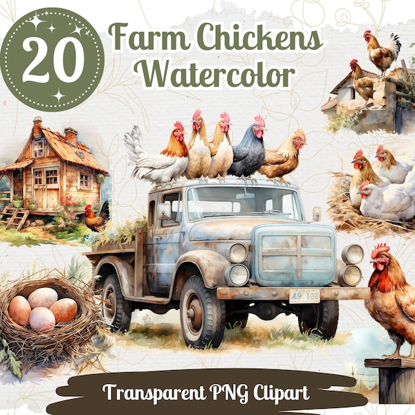 Ensemble de 20 cliparts de poulets de ferme PNG, aquarelle de poulet, carte graphique, création d'un poulailler, illustration de campagne printanière, graphique de ferme