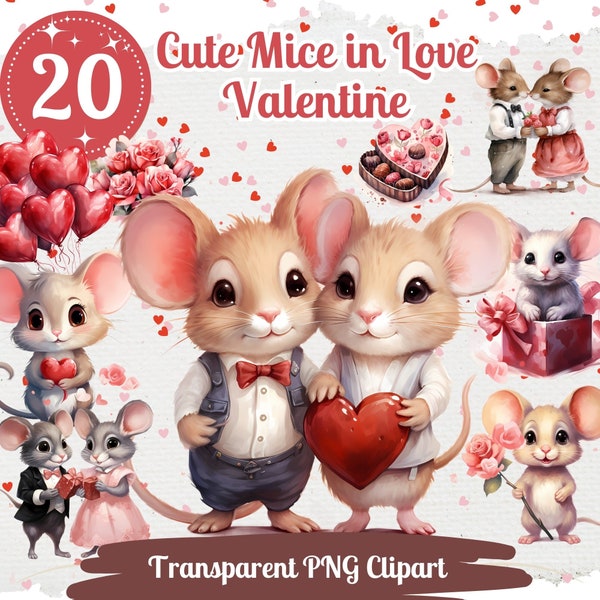 Cute Mice in Love 20 PNG Bundle Valentine Mouse Graphics Mouse with Heart Cute Romantic Valentine Images Card Crafting Junk Journal Kit