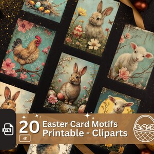 Collage di cartoline di Pasqua stravaganti 20 JPG Bundle Sfondo per etichette Foglio stampabile Disegni tradizionali primaverili stravaganti Cartoline di Pasqua vintage